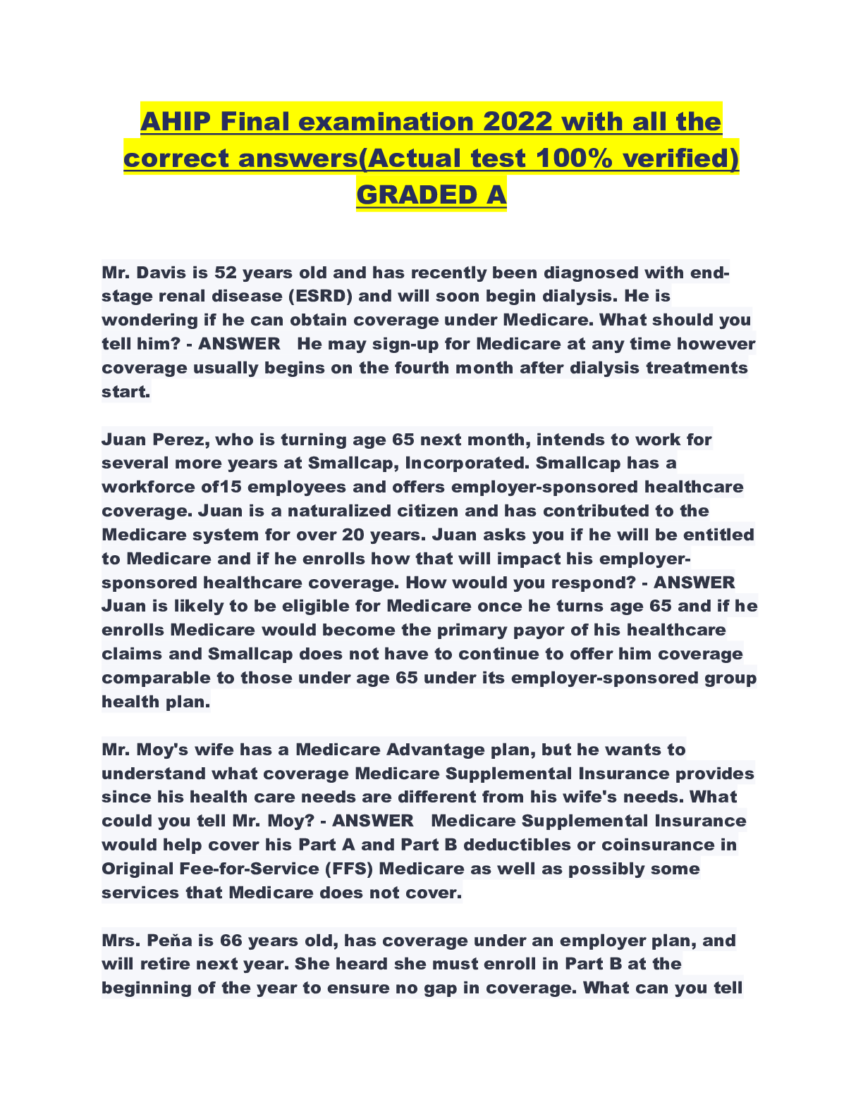 AHIP Final examination 2022 with all the correct answers(Actual test 100 verified) Browsegrades